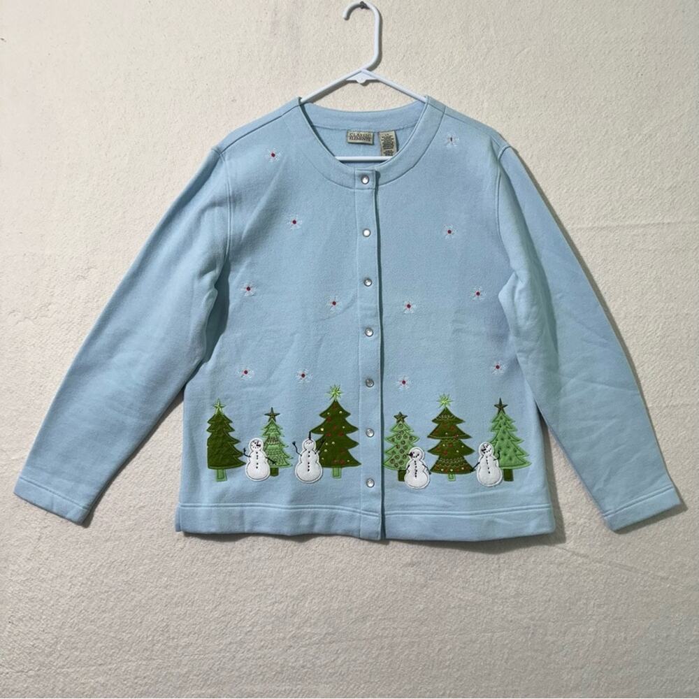 Classic Elements Light Blue Winter Snowman Holiday Cardigan Sweater Size Large
